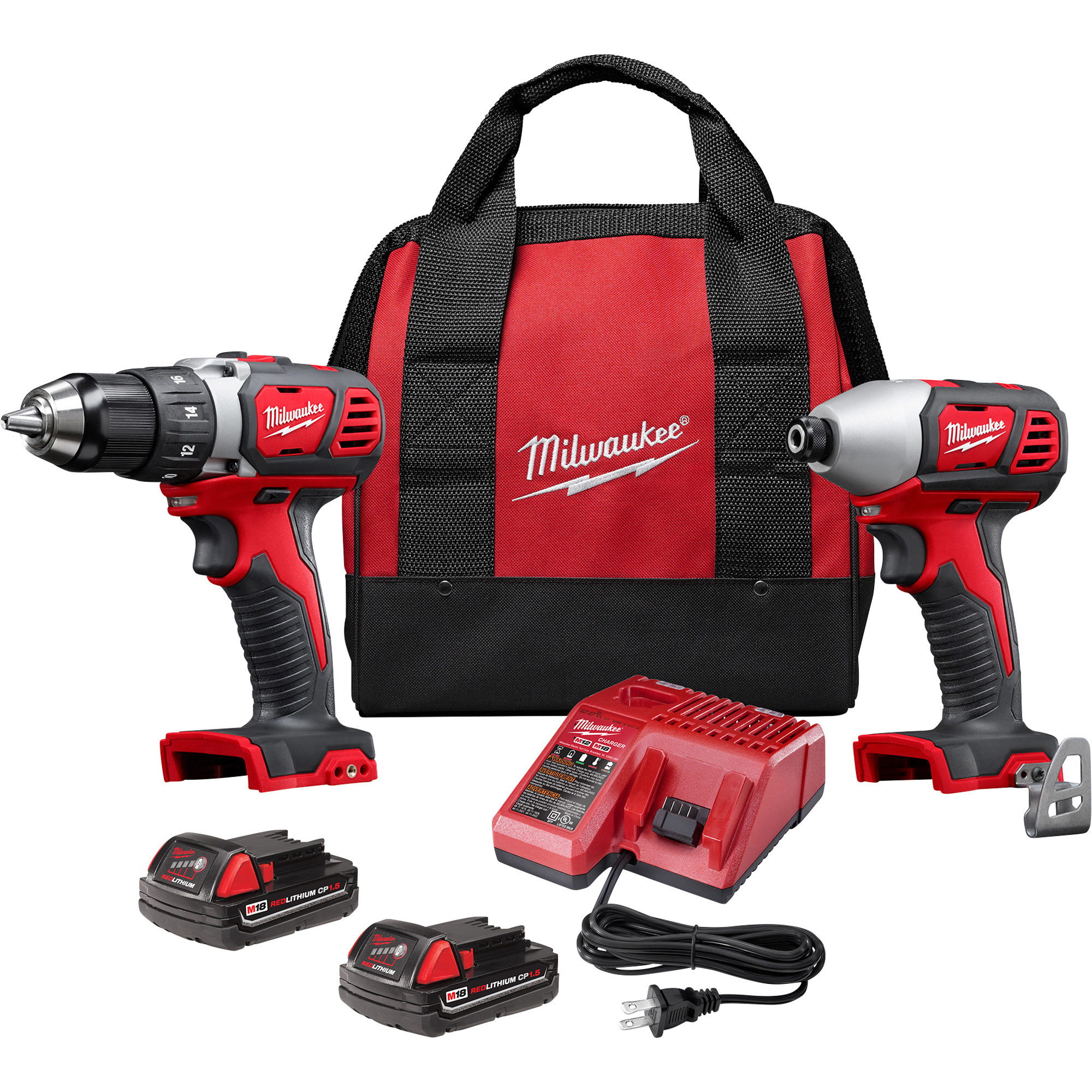 Milwaukee Reconditioned M18 Li-Ion Compact Cordless Power Tool Set, 1/2in. Drill/Driver & 1/4in. Hex Impact Driver, With 2 Batteries, Model# 2691-82